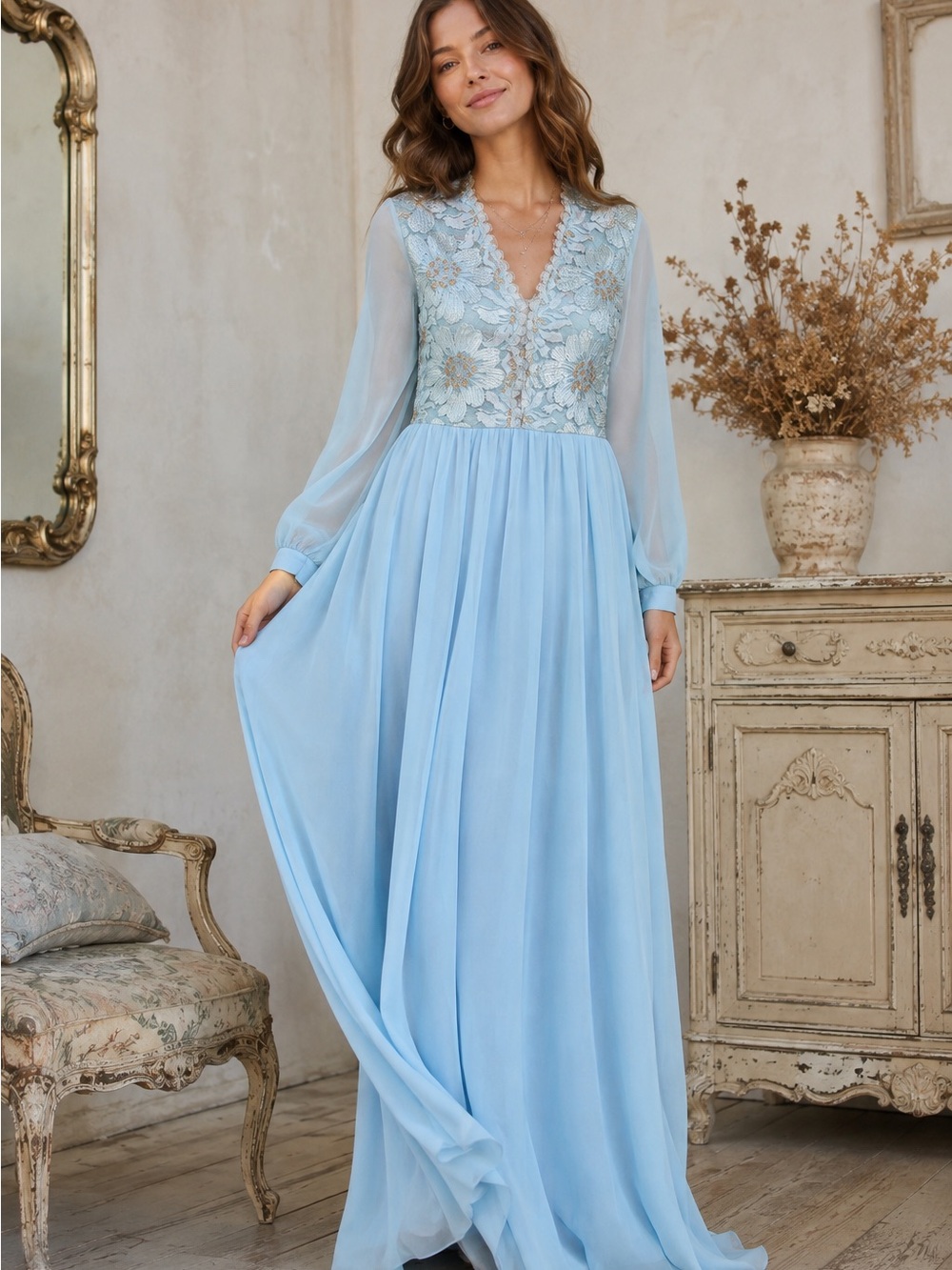 Vintage 70s Felix Arbeo for Aventura Blue Lace Maxi Gown Union Made USA